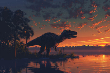 A dinosaur is standing in front of a body of water