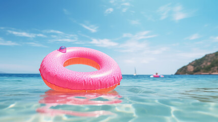 Fototapeta na wymiar Long range photo of Little girl with sunglasses and inflatable ring in sea on sunny day. Beach holiday, summer. Realistic photo, high detailed