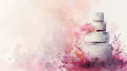 Contemporary wedding cake elegance in watercolor, minimalist design backdrop with space for custom messages - obrazy, fototapety, plakaty