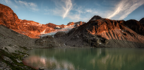Panoramic View of Vibrant Colorful Glacier Lake up in Rocky Mountains