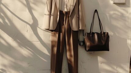 A modern and minimalist outfit featuring tailored trousers, a structured blazer, and a simple blouse, accessorized with sleek heels and a leather tote bag, epitomizing effortless chic style.