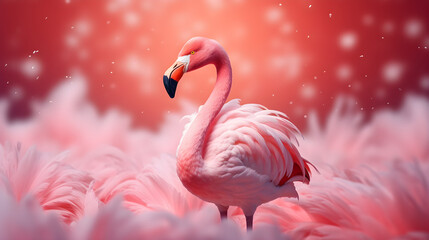 Fototapeta premium The banner with a summer theme, which depicts a flamingo on a pink background, creates an atmosphere of summer and tenderness.
