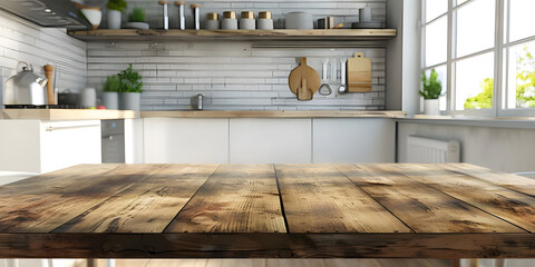 Empty wooden table and blurred kitchen interior background, product display montage - Ai Generated