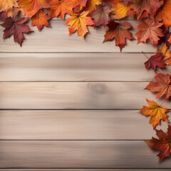 Naklejka na ściany i meble Maple on Wooden Background: Autumn Background.