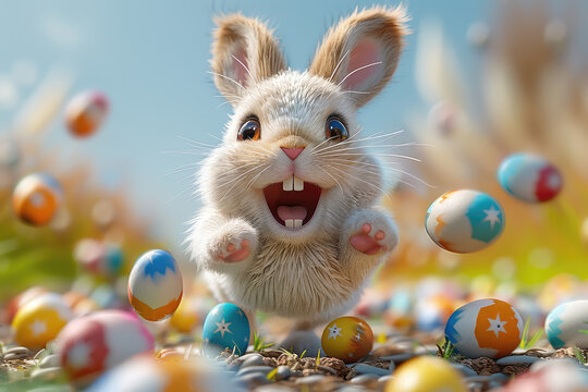 A cute happy bunny jumping over easter eggs, Easter theme. Created with Ai
