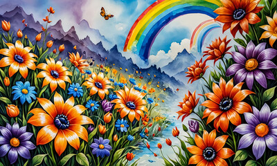 Fototapeta na wymiar Joyful Expressions: Capturing the Colors of Summer with Watercolor Flowers and Rainbows
