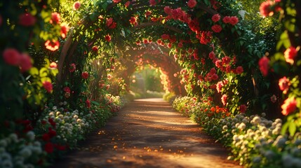 Floral arches line a peaceful garden path