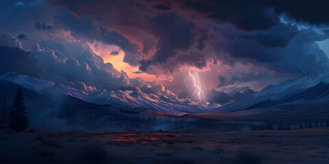 Fototapeta na wymiar Fiery thunderstorm in the night sky over the forest, Storm on the sea, Stormy sky - Ai Generated