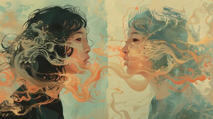 Contemporary surreal illustration of a person and their fluid, dreamlike reflection of food and emotions in a mirror, with pastel colors. Emotional OverEating Awareness Month.