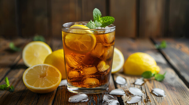 Iced tea with lemon and mint on a wooden background, A glass of refreshing iced tea adorned with slices of lemon and sprigs of mint