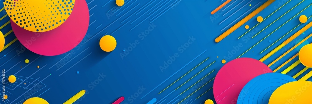 Poster blue background with colorful geometric shapes and lines, creating an abstract design for a commerci