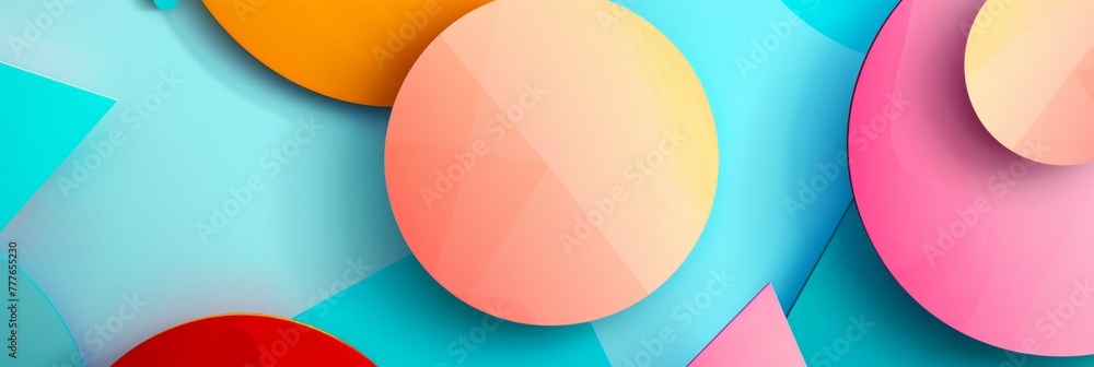 Poster blue background with colorful geometric shapes and lines, a modern design for a banner or header in 
