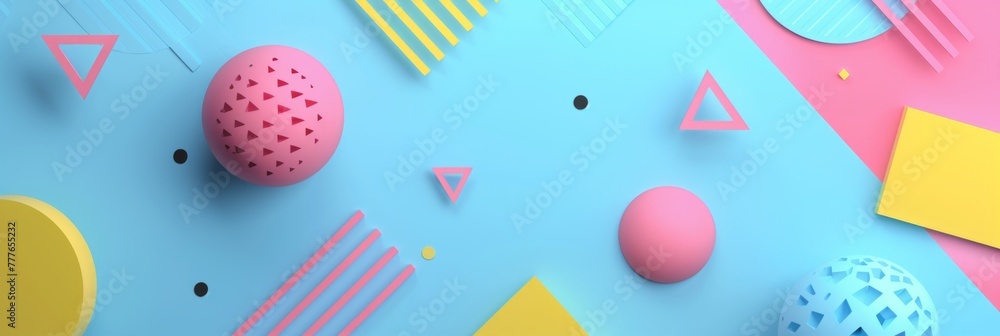 Poster blue background with colorful geometric shapes and lines, a modern design for a banner or header in 