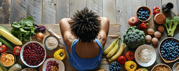Athlete planning her meal prep, surrounded by a bounty of fruits, vegetables, and grains on the floor - obrazy, fototapety, plakaty
