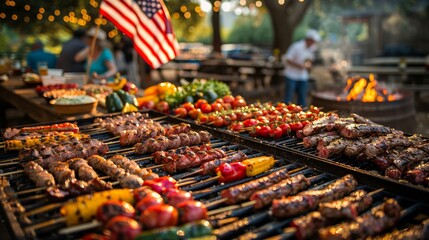 American flag waves at Texas barbecue feast - obrazy, fototapety, plakaty