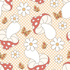 Retro groovy mushroom fly agaric with daisy flowers and butterfly on checkerboard vector seamless pattern. Hand drawn natural organic healthy food vegetables fruit floral background. - 777655483