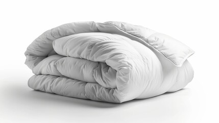 Fototapeta na wymiar A soft white blanket on white backdrop. Hypoallergenic duvet for year-round comfort.