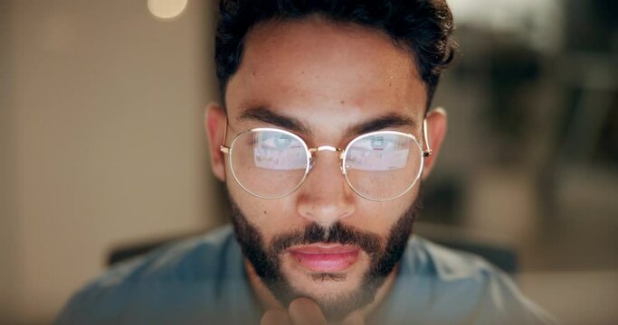 Thinking, glasses and business with man, computer and online reading with reflection, tech or project with deadline. Person, evening or accountant with eyewear or clear vision with email notification
