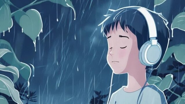 Boy Listening music, Rain Falling, minimalist Anime Lofi animation video.