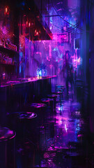 Night club party atmosphere, neon lights. Poster background. 