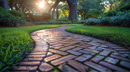 A ground-level perspective showcases a textured brick pathway, inviting wanderers to follow its
