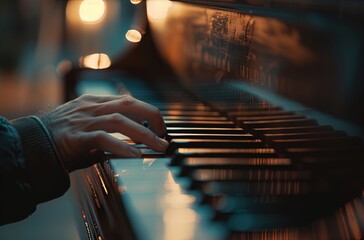 A person playing the piano, closeup of hands on keys, shallow depth of fi - obrazy, fototapety, plakaty