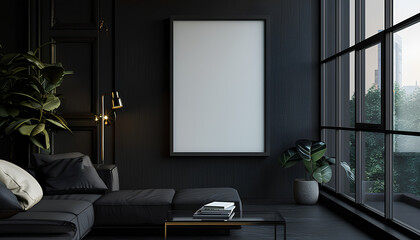 Black wall, picture frame leaning against the wall, facing the camera, in the living room
