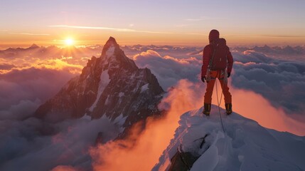 Man Standing on Snow-Covered Mountain Peak - obrazy, fototapety, plakaty