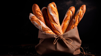 Baguettes, fresh pastries, bakery products. Bread on a dark background. Packed baguettes, side view