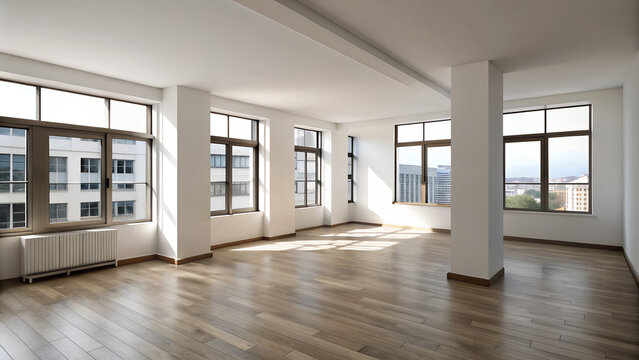 Empty apartments with white walls and big windows, dark wood floor