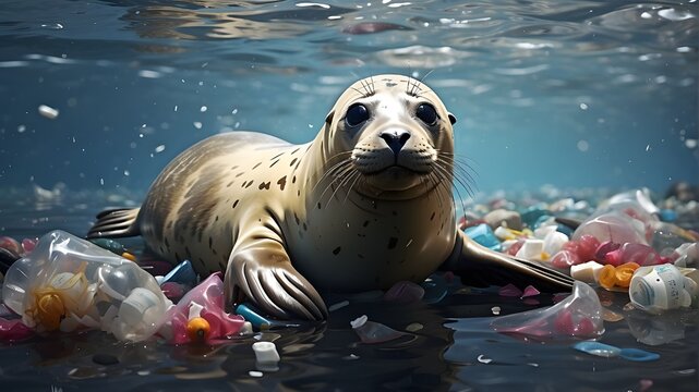 Digital art of a seal in the ocean with plastic garbage