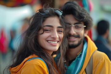 Colorful smart cool indian young couple looking at the camera smiling, happy, confident wearing fashionable modern clothing,