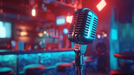 a vivid visual representation using AI, showcasing a metallic microphone set against a blurred background in a bar attractive look - obrazy, fototapety, plakaty
