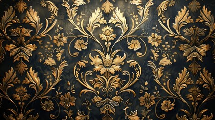 Luxurious gold floral damask pattern embossed on a dark textured background, embodying sophistication and classic style.