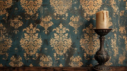 An antique candlestick holding a melting candle against the backdrop of ornate gold damask wallpaper, emanating a classical ambiance.