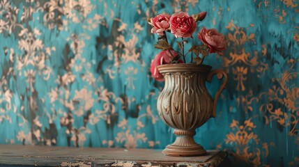 An elegant classical vase holding blooming roses set against a turquoise and gold floral patterned...