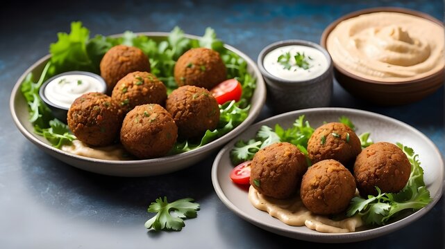 freshly prepared falafel served with yoghurt and hummus. View from a high angle with copy space