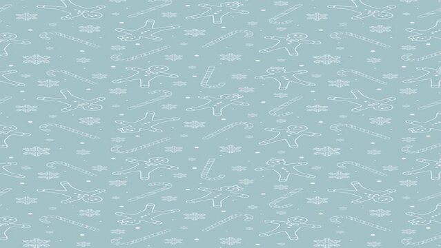 4K Animated Christmas Ginger Bread Cookies Candy Canes and Snow Fakes Vertical Motion Pattern Christmas sweets and decorations animated texture Can be used as card background or banner design template