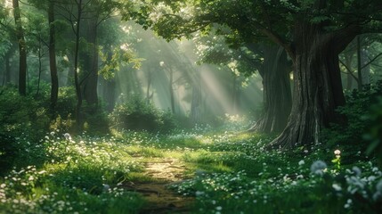 A mystical forest inhabited by ancient spirits and magical creatures, with enchanted groves and hidden clearings where faeries dance and unicorns  - obrazy, fototapety, plakaty