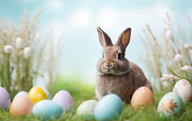 Fototapeta na wymiar Rabbit Sitting Near Eggs in Grass