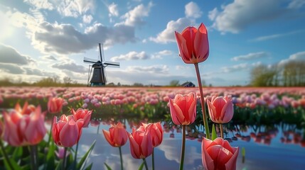Magical landscape with fantastic beautiful tulips field in Netherlands on spring. Blooming multicolor dutch tulip fields in a dutch landscape Holland. Travel and vacation concept. Generative ai - obrazy, fototapety, plakaty