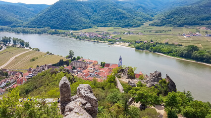 Panoramic aerial view of idyllic town of Duernstein in Krems an der Donau, Lower Austria, Europe....