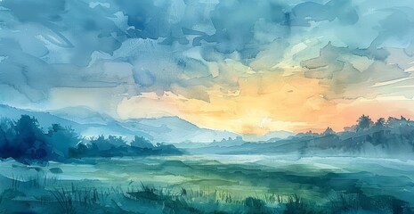 A tranquil watercolor painting captures the soft hues of dawn breaking over a misty, layered mountain landscape.