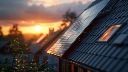 Close-up shot of solar panels on the roof of a contemporary house. Clean energy solution for sustainable living. Renewable power generation concept. Green technology. AI generated