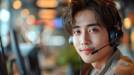Young Man Wearing Headset And Looking At Camera - obrazy, fototapety, plakaty