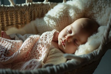 The scene depicts the cuteness of a baby in a white cradle, peacefully sleeping and radiating the beauty of early infancy.