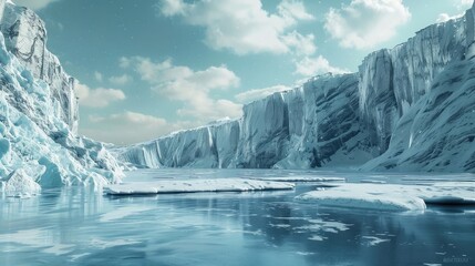 A mythical realm of ice and snow, with towering glaciers and frozen landscapes  - obrazy, fototapety, plakaty