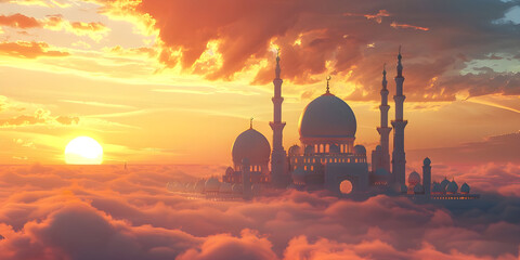 Mosque on the clouds in the sunset, Beautiful mosque in the clouds - Ai Generated - obrazy, fototapety, plakaty