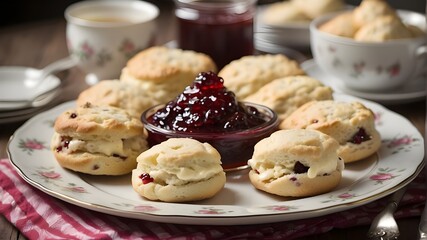 Place scones on a platter with jam and clotted cream.