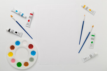 Painting tools on white background, top, view